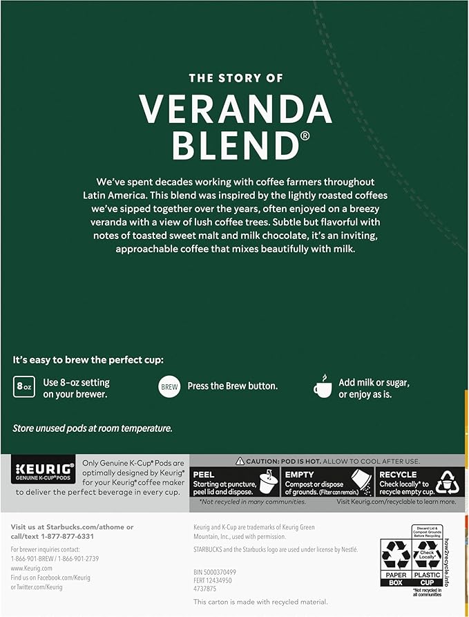Starbucks K-Cup Coffee Pods, Starbucks Blonde Roast Coffee, Veranda Blend for Keurig Brewers, 100%