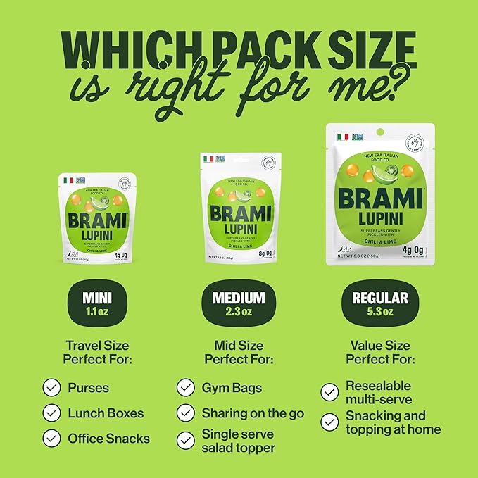 BRAMI Lupini Beans Snack, Chili & Lime | 7g Plant Protein, 0g Net Carbs | Vegan, Vegetarian, Keto