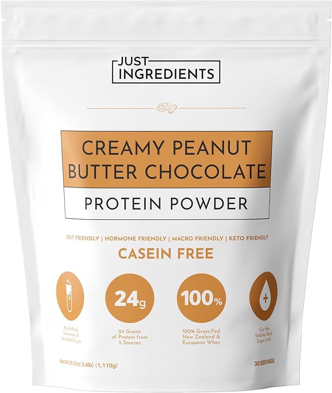 JUST INGREDIENTS Creamy Peanut Butter Chocolate Protein Powder ??30-ServingBlend with Grass-Fed