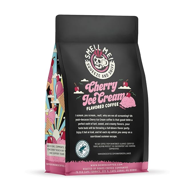 Bones Coffee Company Cherry Ice Cream Flavored Coffee, Medium Roast Low Acid Arabica Beans