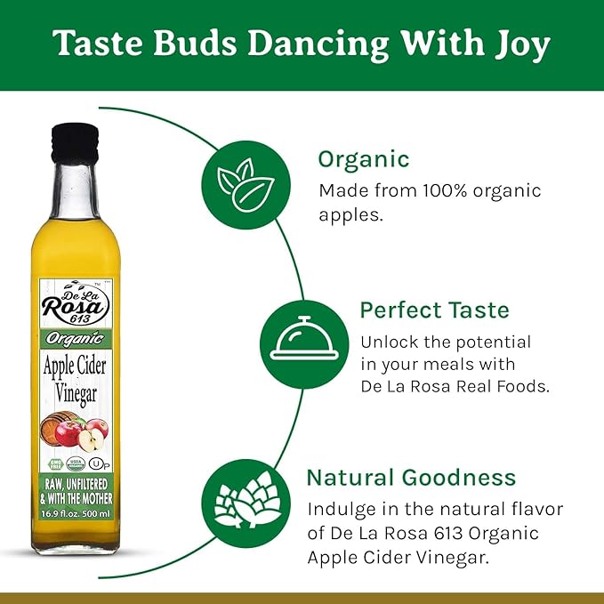 De La Rosa Organic Apple Cider Vinegar, Raw & Unfiltered, Kosher for Passover, Vegan & Gluten Free