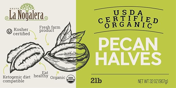La Nogalera Organic - USDA and CCOF Certified Organic Shelled Pecan Halves in 2 pound bag. Pecan
