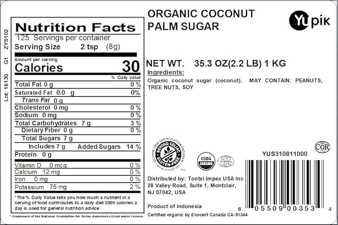 Yupik Organic Coconut Palm Sugar 2.2 lb (35.2 oz), USDA Certified, Non-GMO, Vegan, Gluten-Free