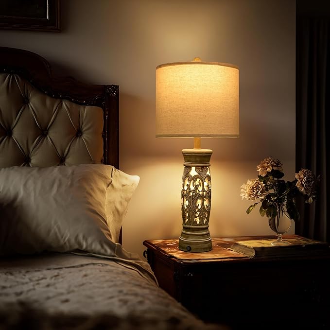 BOBOMOMO 27.25” Rustic Farmhouse Table Lamps Set of 2 – Vintage Bedside Lamps with Night Light &