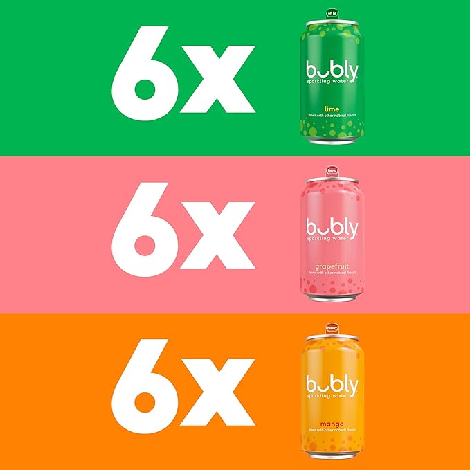 bubly Sparkling Water, Tropical Thrill 3 Flavor Variety Pack (Lime, Grapefruit, Mango), Zero Sugar