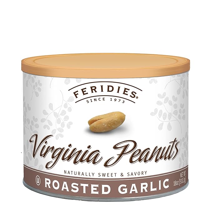 FERIDIES Roasted Garlic Virginia Peanuts Snacks Gourmet, Extra Large, 18oz Resealable Tin