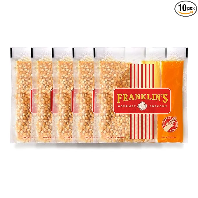 Franklin?셲 Gourmet Popcorn All-In-One Popcorn Packs for Popcorn Machine - 8oz Pack of 10 - Made in
