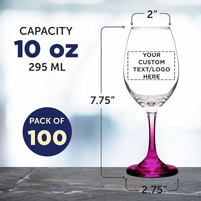 Custom Rioja Wine Glasses with Stem 10 oz. Set of 100, Personalized Bulk Pack - Color Bottom