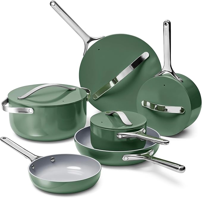 Caraway Deluxe Nonstick Ceramic Cookware Set (16 Piece) Pots, Frying Pans, Lids and Kitchen Storage