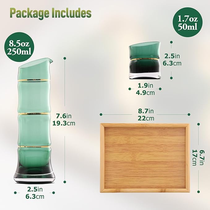 DUJUST Japanese Sake Set for 4, Bamboo Design in Golden Trim, 1 Sake Bottle, 1 Wooden Sake Tray