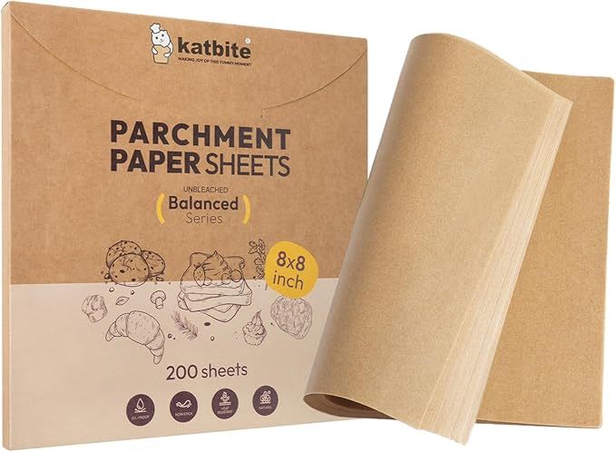 Katbite 200 Pcs Parchment Paper, 8 x 8 Inch Unbleached Baking Paper, Oil Resistant & Easy Clean