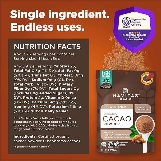 Navitas Organics Cacao Powder - Cocoa Powder Substitute 1:1, For Hot Chocolate, Baking & More