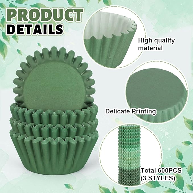 Whaline 600Pcs Mini Sage Green Cupcake Liners Gradient Green Wedding Baking Cups Cupcake Wrappers