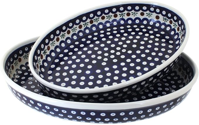 Blue Rose Polish Pottery - Blue Nature Oval Baker Set - 2 Bakers - Unique, Dishwasher Safe, &