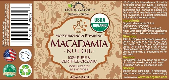 US Organic Macadamia Nut Oil Unrefined Virgin, Certified Organic, Pure & Natural, Cold Pressed
