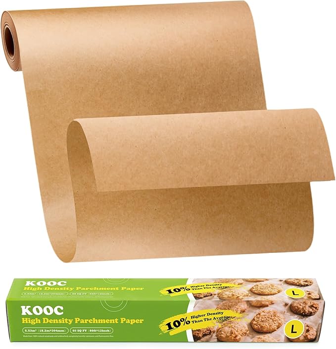 KOOC Premium 60-Feet Parchment Paper Roll - 12-Inch Width, Non-Stick, Unbleached Baking Paper