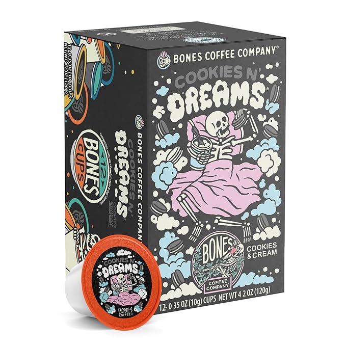 Bones Coffee Company Cookies 'N Dreams, Cookie and Cream Flavored Coffee Pods, Low Acid Medium