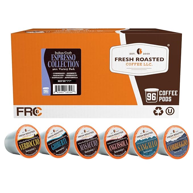 Fresh Roasted Coffee, Italian Craft Coffee Variety Pack, Artisan Blend, Dark Roast, Kosher, 96 Pods