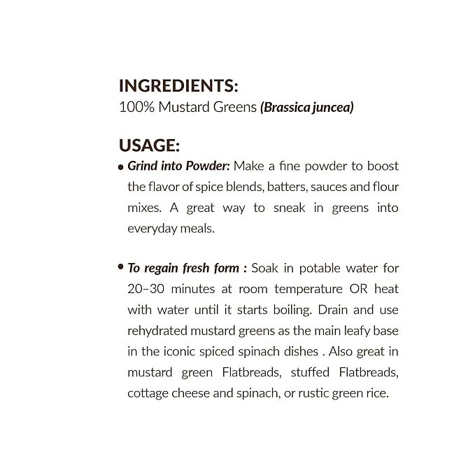 SHROOTS Dehydrated Mustard Green Leaves (Sarso) Flakes Pure Vegetarian Gluten-Free No Added Salt