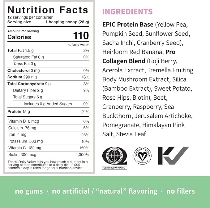 Sprout Living Epic Protein, Plant Based Protein & Superfoods Powder, Pro Collagen, Berry | 15 Grams