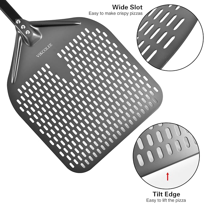 Perforated Pizza Peel, 14 x 16 Inch Rectangular Pizza Turning Peel, Professional Anodized Aluminum