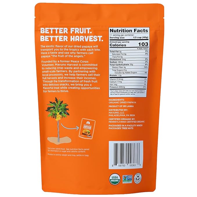 Mavuno Harvest Papaya Dried Fruit Snacks | Organic Dried Papaya Slices | Gluten Free Healthy Snacks