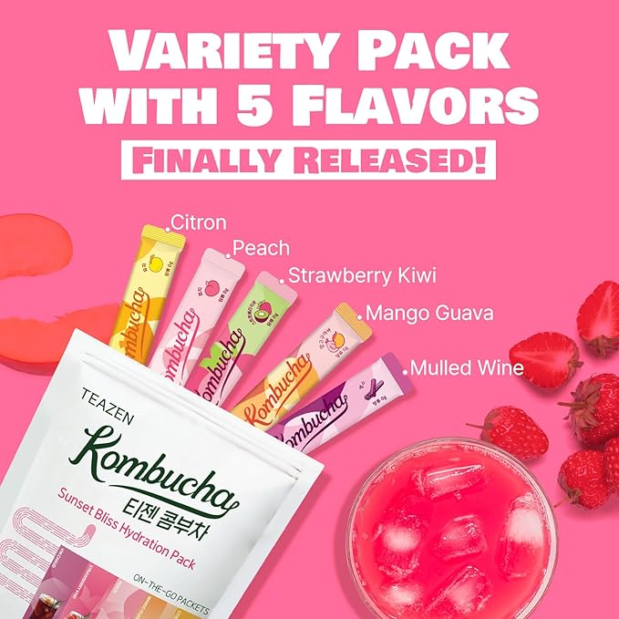 TEAZEN Kombucha Tea Sunset Bliss Hydration Variety Pack - 20 Sticks, 5 Flavors (Peach, Mango-Guava