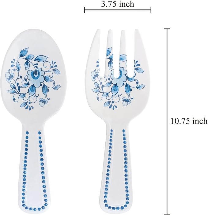 UPware Blue and White Floral Melamine Salad Servers, Serving Utensil Set, Includes Serving Fork and