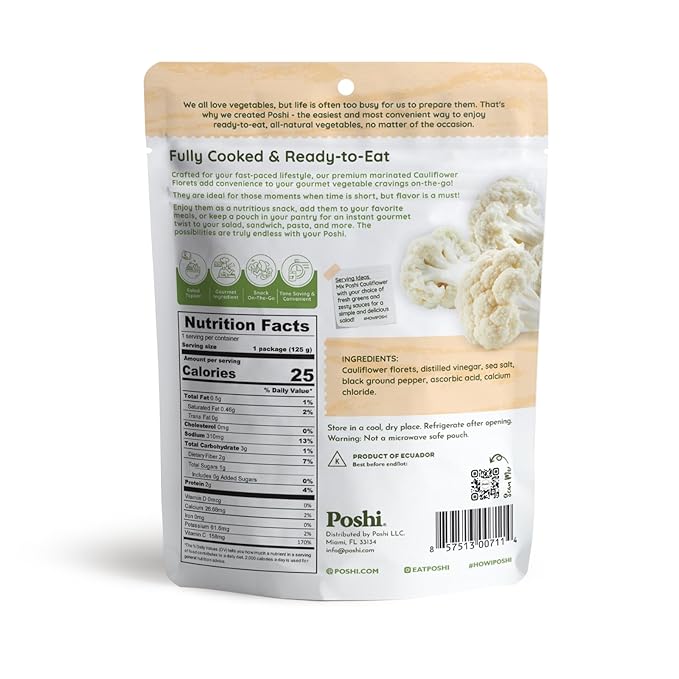 POSHI Marinated Cauliflower Florets with Salt + Black Pepper Natural, Keto, Vegan, Non GMO, Low