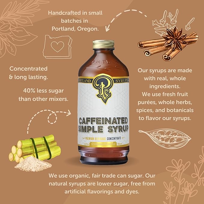 Portland Syrups - Caffeinated Simple Syrup - Premium Beverage Concentrate for a Boost of Clean