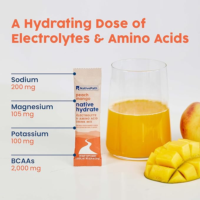 NativePath Native Hydrate Stick Packs, Sugar Free Electrolytes Powder with BCAAs, Peach Mango