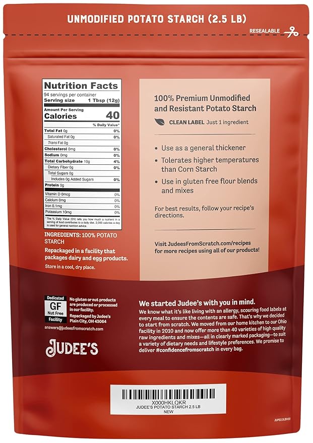 Judee’s Unmodified Potato Starch 2.5 lb - Just One Ingredient - Great for Breading, Thickening