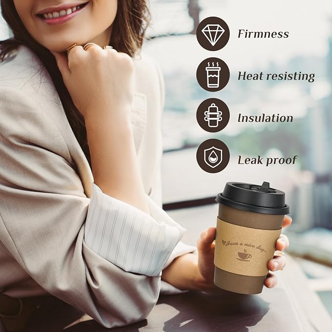 LITOPAK 100 Pack 12 oz Paper Coffee Cups with Lids, Sleeves, and Stirring Sticks for Coffee, Water