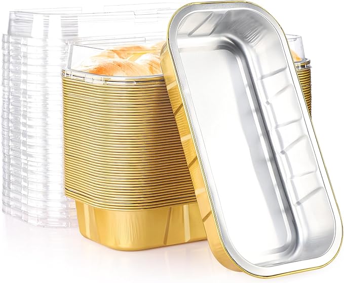 EUSOAR Disposable Ramekins with Lids, Gold 20.9oz 50pcs Mini Cake Pans with Lids，Disposable Bread
