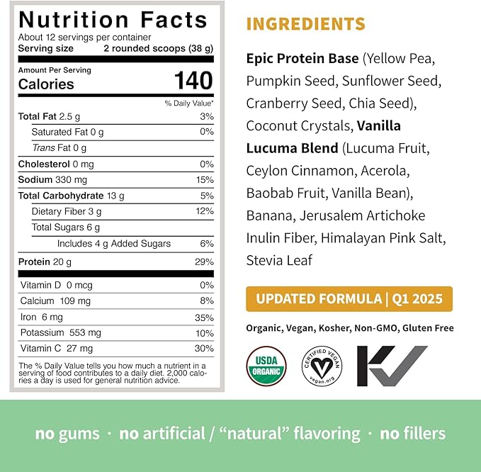 Sprout Living Epic Protein, Plant Based Protein & Superfoods Powder, Vanilla Lucuma Powder | 20