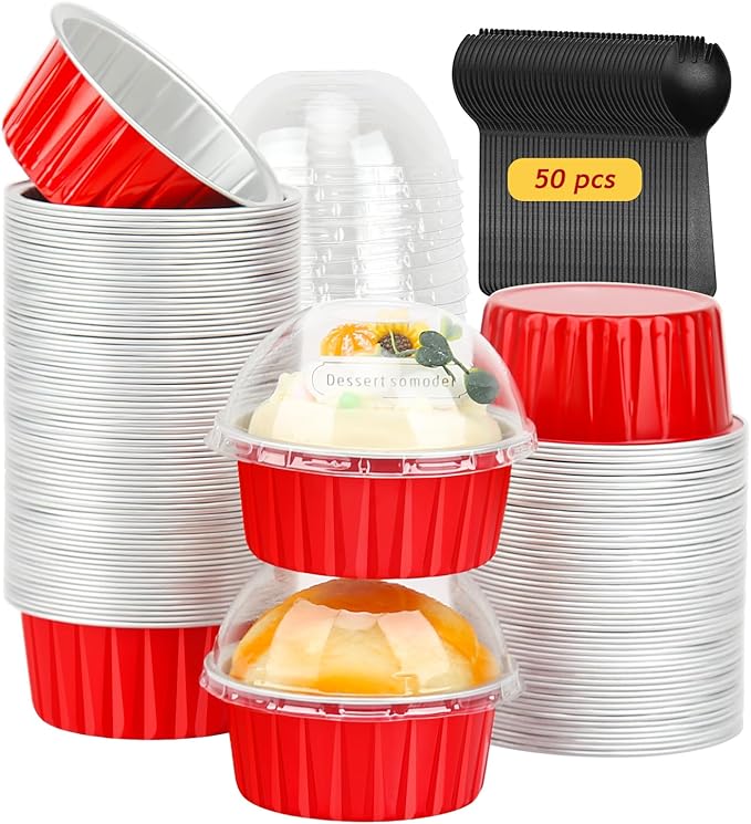 Red Cupcake Liners Muffin Tins 50 Pack,Free-Air 5oz Aluminum Foil Baking Cups with Lids,Disposable