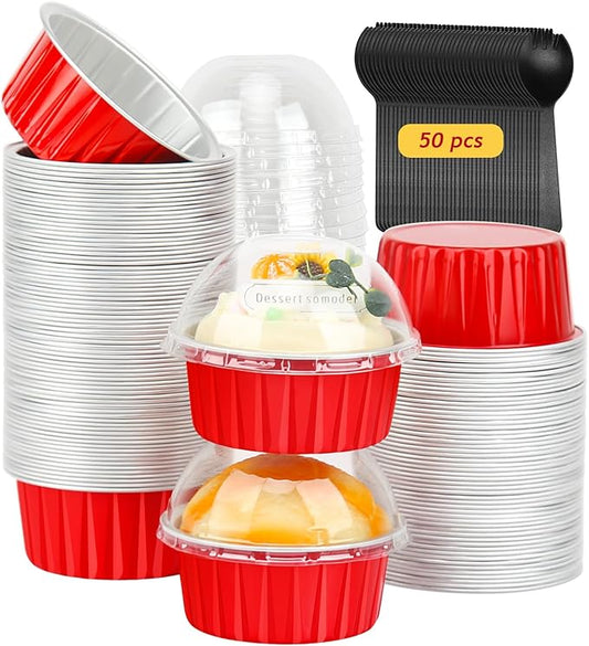 Red Cupcake Liners Muffin Tins 50 Pack,Free-Air 5oz Aluminum Foil Baking Cups with Lids,Disposable