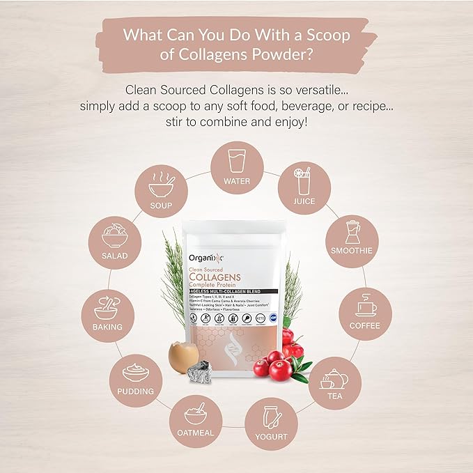 Organixx Collagen Peptides Powder with Vitamin C, Types I, II, III, V, X Hydrolyzed Collagen, Hair