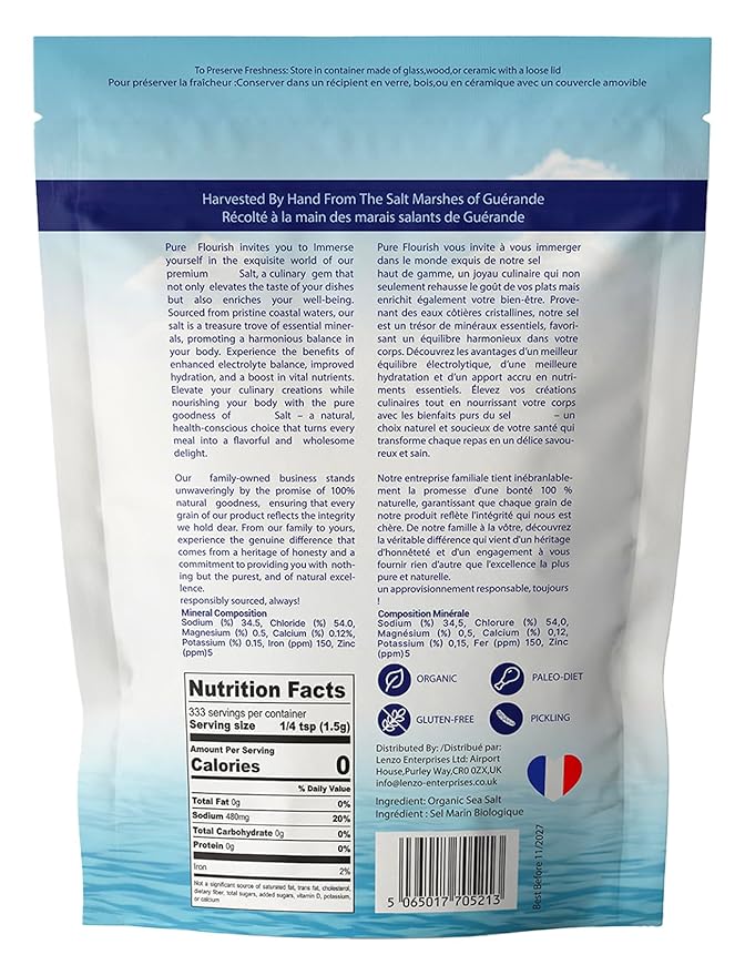 Pure Flourish Coarse Sea Salt 1.1 LB | Certified French Harvest & Import | Organic & Unrefined |