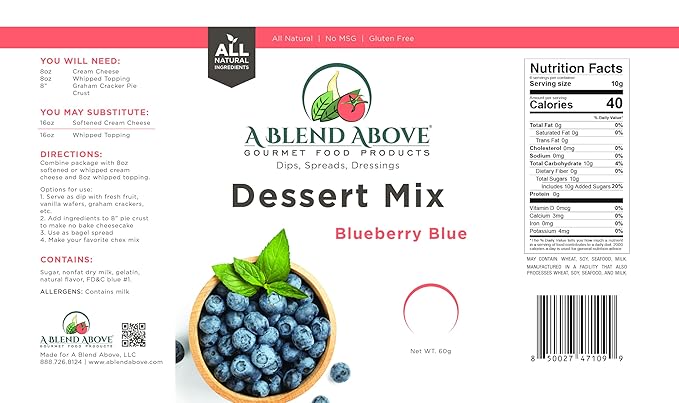 A Blend Above Blueberry Blue No Bake Dessert Mix - All Natural, Gluten Free, No MSG - Instant
