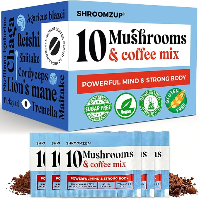 Mushroom Coffee Instant with 10 Mushrooms - 15 Single Packets with Reishi, Lion's Mane, Chaga