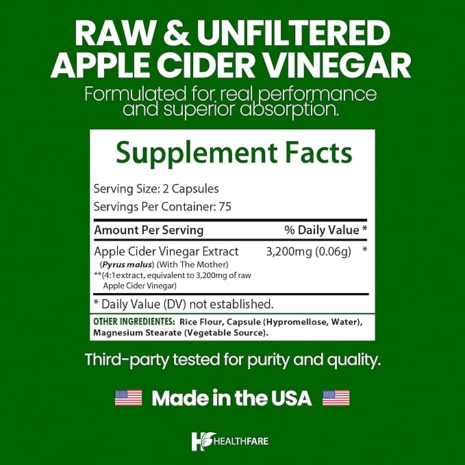 Apple Cider Vinegar Capsules with the Mother | 3200mg Raw, Organic & Unfiltered ACV | 150 Vegan