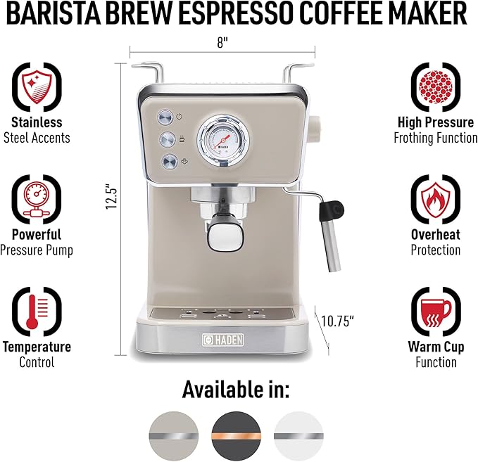 HADEN Barista Brew Espresso Coffee Machine, Stainless Steel Espresso Maker with Milk Frother and