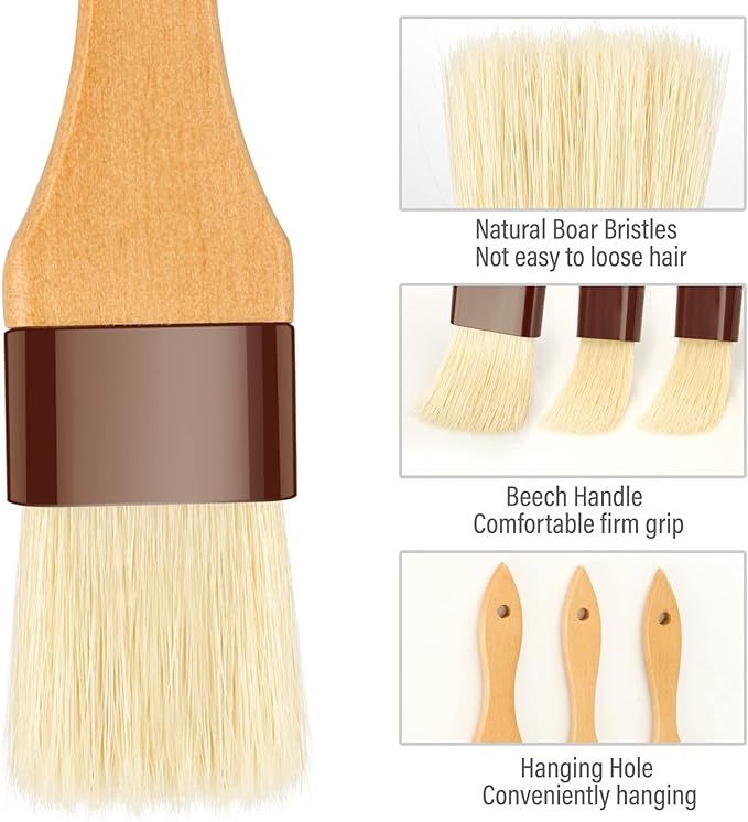 Pastry Brush-Basting Brush for Cooking,2 Pc Boar Bristles Food Brush for BBQ,Beech Wooden Handle