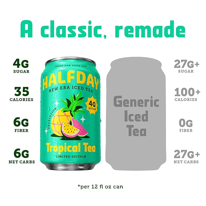HALFDAY Prebiotic Iced Tea, Tropical Tea, Supports Digestive & Gut Health, Plant Fiber &