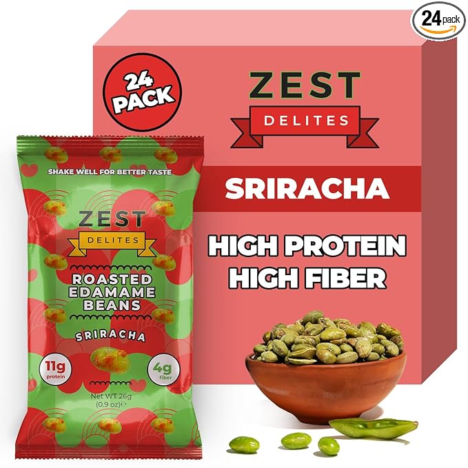 Crunchy Dry Roasted Edamame Beans Snack by Zest Delites, Sriracha, Vegan, Low Calorie (110cal) High