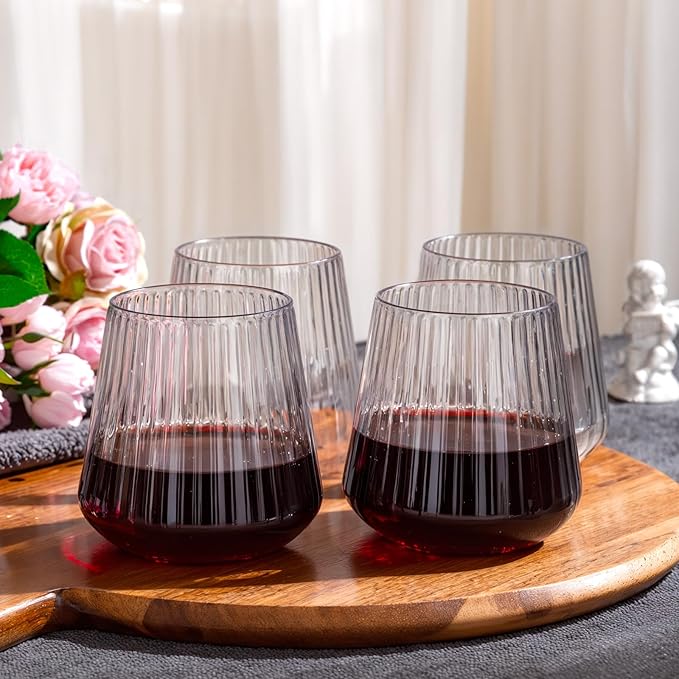 30 Pack Plastic Ribbed Wine Glasses, 14 OZ Origami Stemless Disposable Wine Champagne Whiskey