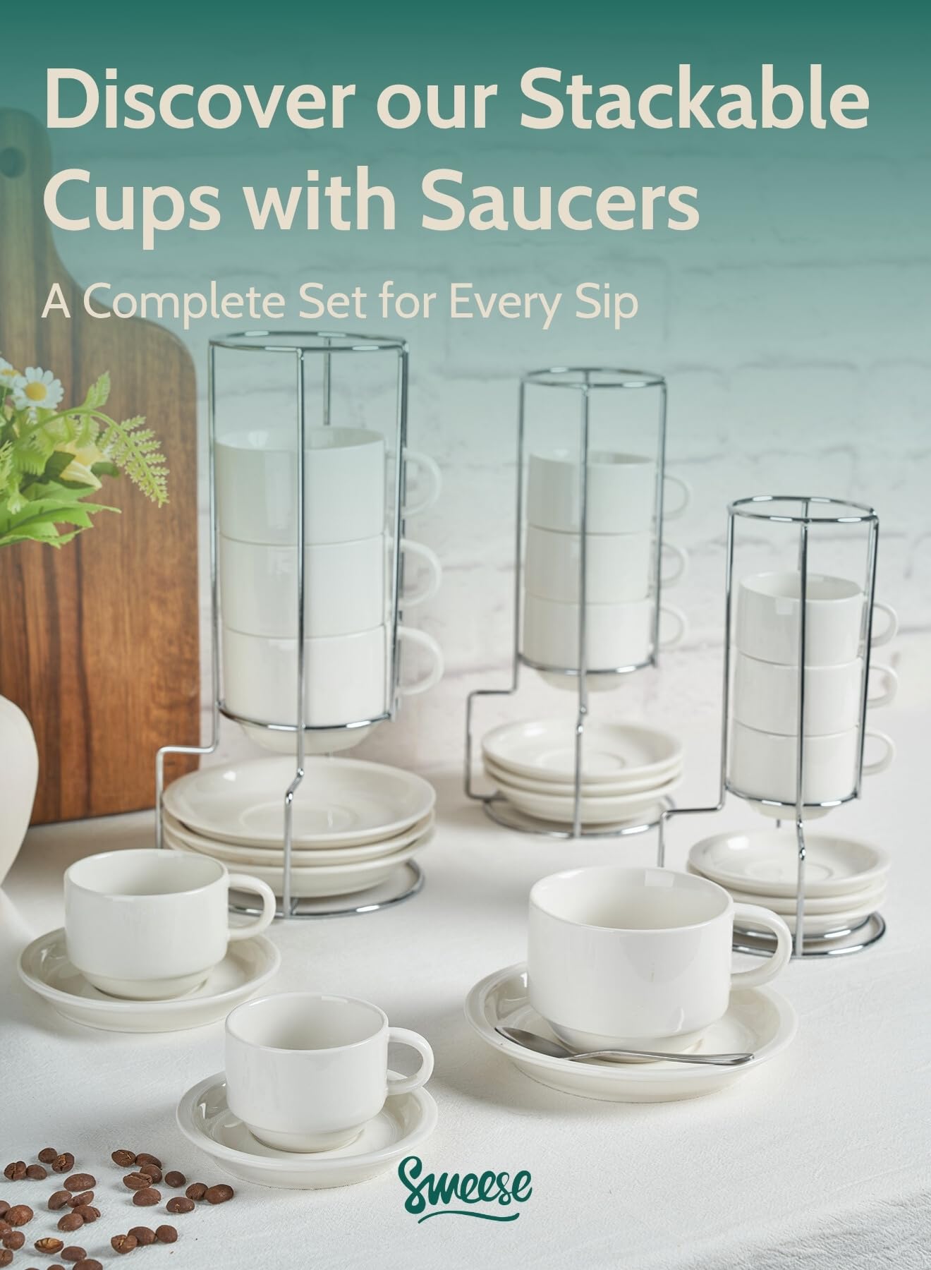 Sweese 2.5 Ounce Porcelain Stackable Espresso Cups with Saucers and Metal Stand Set of 4, White