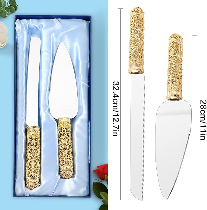 Gold Cake Knife and Server Set - 2 Piece Dessert Set Metal Handle with Crystal Stones Decoration