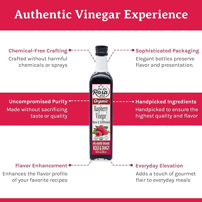 De La Rosa Raspberry Vinegar Organic, Raw & Unfiltered Pure Vinegar, Vegan, Gluten Free & Kosher
